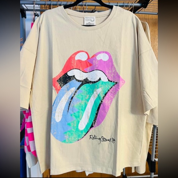 the Rolling Stones Tops - The Rolling Stones Women’s Oversized T-shirt - Beige with Multicolor Graphic